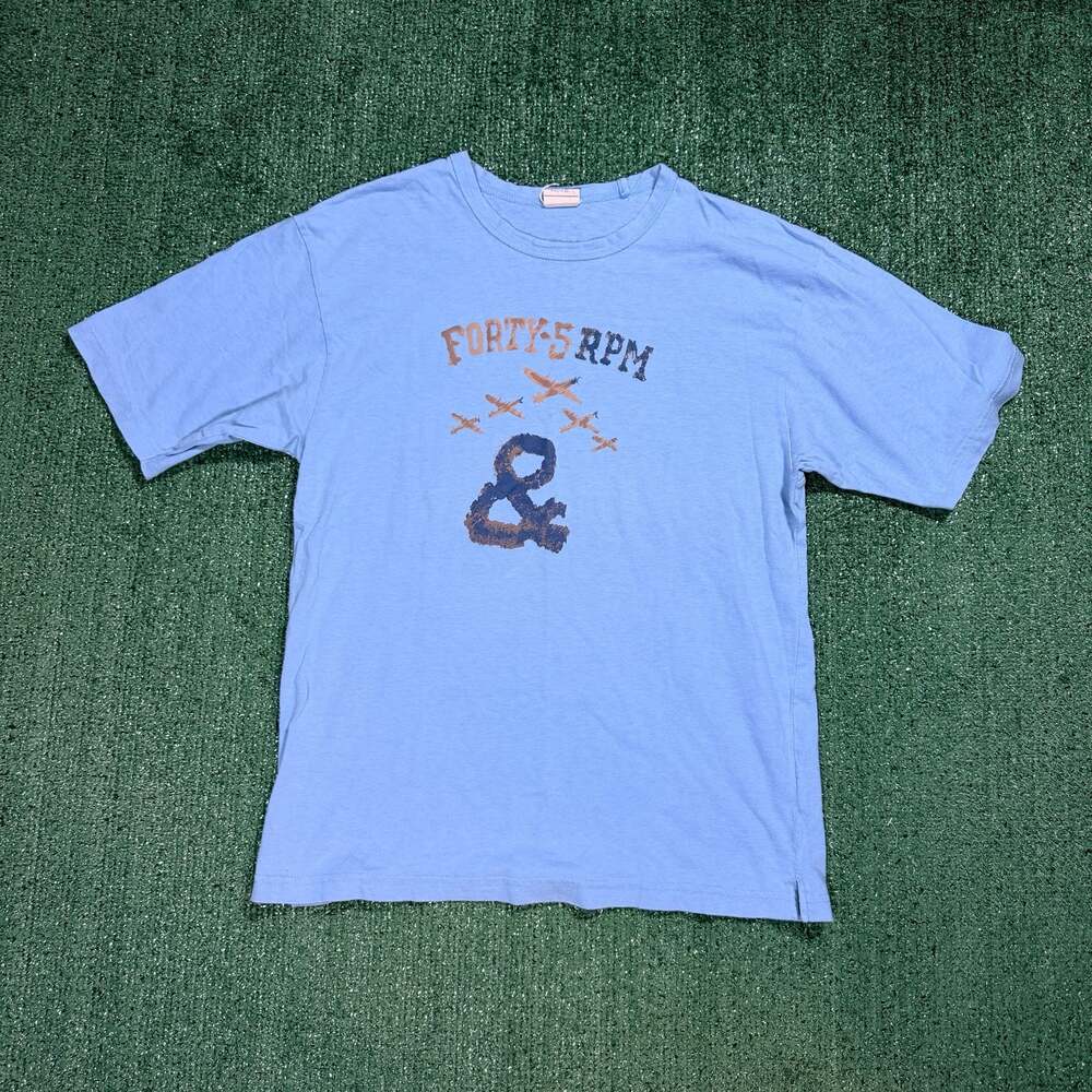 Forty-5 RPM Vintage T-Shirt with Airplane & Ampersand Design Light Blue Medium